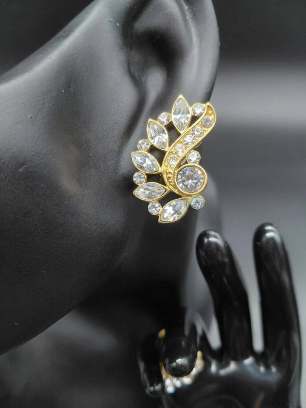 Signed Napier Gold Tone Crystal Leaf Swirl Climber Comfort Clip Earrings